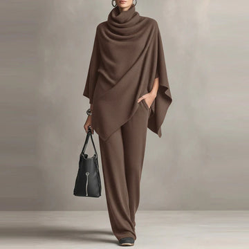 Fashion Pile up Collar Cape Tops & Long Pants Sets Women's Casual Long Sleeve Solid 2Pc Outfits Elegant Draped Wide Legger Suit