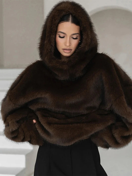 Women's Brown Faux Fur Coat With Hood Oversized Luxurious Long Sleeve Pocket Jacket Lady 2025 Fall Winter Chic Street Outerwear