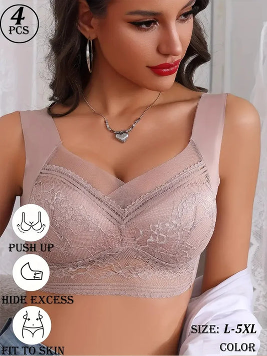 Finetoo Ice Silk Lace Push-Up Bra – 4pcs Set