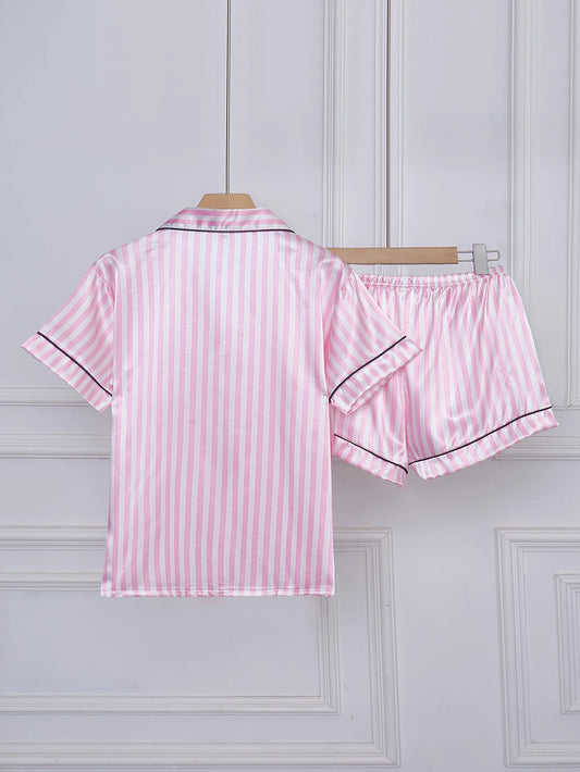 Striped Embroidered Letter Pocket Short Sleeve and Shorts Pajama Set, Casual Satin Sleepwear with Lapel Collar and Button Detail