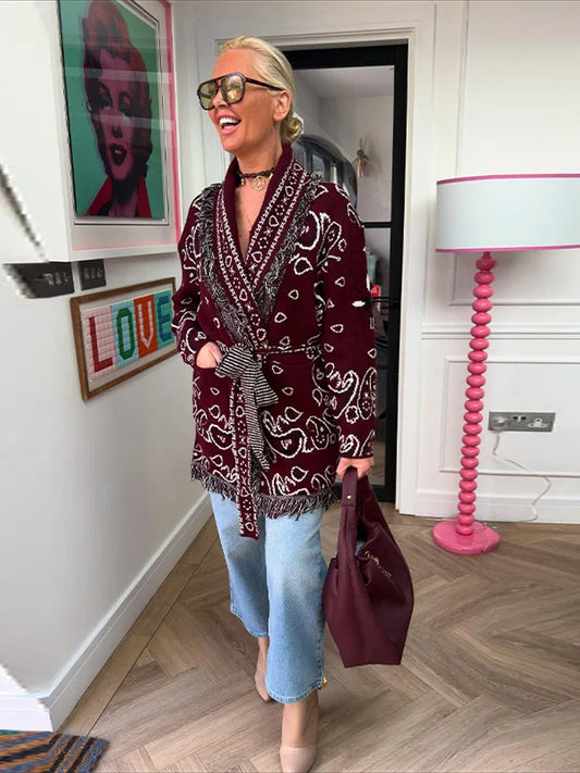 Women's Print Fringe Knitted Long Coat Fashion Sleeveless Tie Waist Pocket Cardigan Sweater Lady 2025 Autumn Casual Outerwear