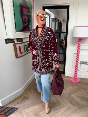 Women's Print Fringe Knitted Long Coat Fashion Sleeveless Tie Waist Pocket Cardigan Sweater Lady 2025 Autumn Casual Outerwear