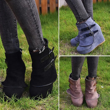 2025 Modern High-heel Boots for Women Ankle Wedges Suede Ladies Shoes Splicing Fake Zip Belt Buckle Height Increasing Daily Wear