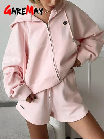Spring Women's Summer Suit with Shorts Cotton Oversize Pink  Top and Shorts Set Two-piece Casual Tracksuit with Shorts for Women