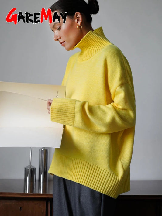 Autumn Women's Knitted Sweater Oversize High Collar Yellow Vintage Pullover Soft Winter Warm Vintage Red Sweaters for Women