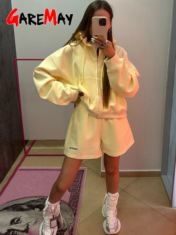 Women's Summer Tracksuit with Shorts Zipper Cotton Oversize Top and Shorts Two Piece Set Casual Sports Yellow Suit for Women