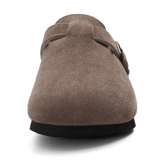 Gacimy Women's Suede Clogs with Arch Support Retro Leather Flat Mules Lady Cork Footbed Sandals Unisex Classic Clogs Slippers