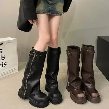 Women’s Punk Knee-High Motorcycle Boots with Platform – Handmade Winter Style