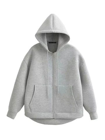 HH Autumn Women Gray Jacket With Hood Long Sleeve Big Pocket Zipper Jacket Coat Woman Loose Casual Outerwear Coat Tops