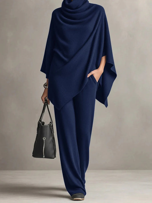 Fashion Pile up Collar Cape Tops & Long Pants Sets Women's Casual Long Sleeve Solid 2Pc Outfits Elegant Draped Wide Legger Suit