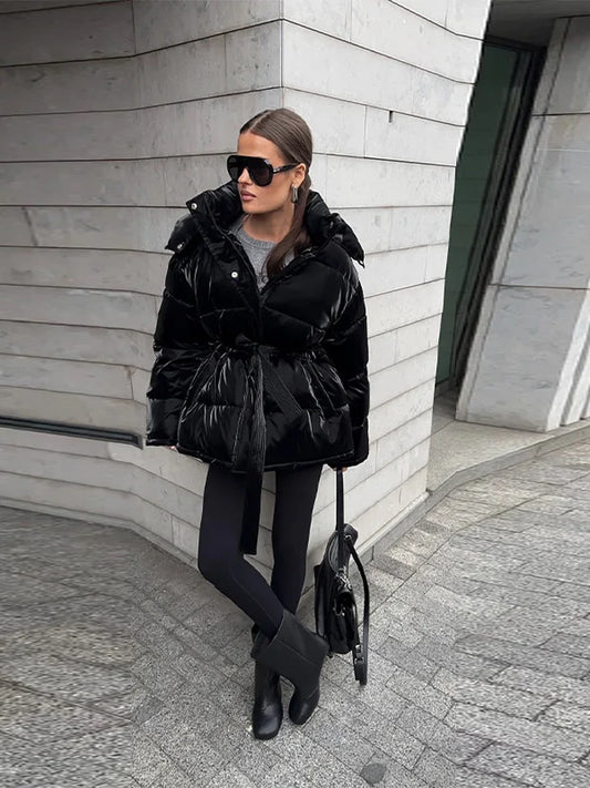 Women's Shiny Quilted Jacket With Detachable Hood Fashion Long Sleeve Zipper Belted Waist Coat Lady 2025 Warm Winter Outerwear