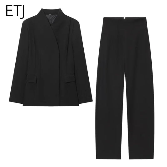 ETJ 2025 women's new fashion design three-dimensional cut high collar slim suit jacket & matching casual trousers