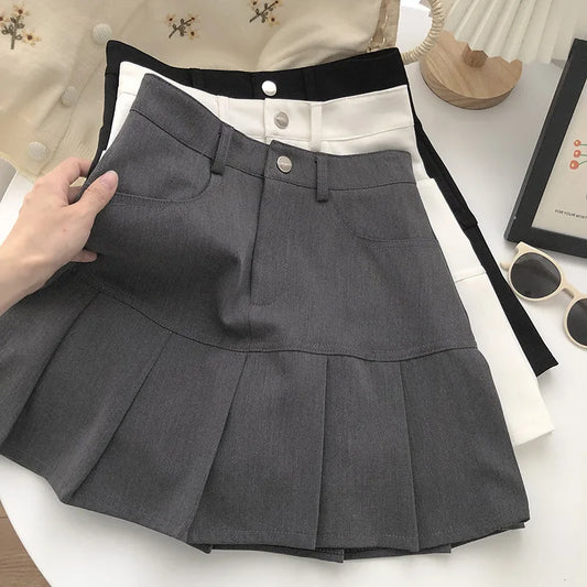 Y2K Vintage High Waist Pleated Skirt Women College Style Uniforms Safety Pants Mini Skirts Woman Korean Street Slim A-Line Skirt