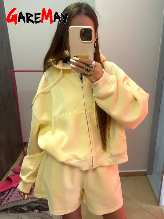 Women's Summer Tracksuit with Shorts Zipper Cotton Oversize Top and Shorts Two Piece Set Casual Sports Yellow Suit for Women