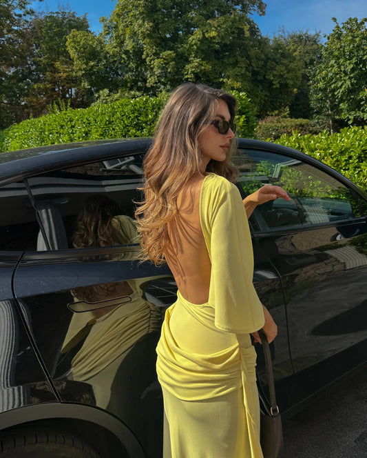 Elegant Yellow Backless Long Dress Sexy Women's Half Sleeve Ruched Curvy Maxi Dresses Evening Party 2025 Autumn Wedding Guest