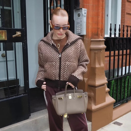 Women's Spliced knit Short Jackets Autumn Winter Stand Collar Long Sleeve Jackets Coats Streetwear Female Outerwear Chic Tops